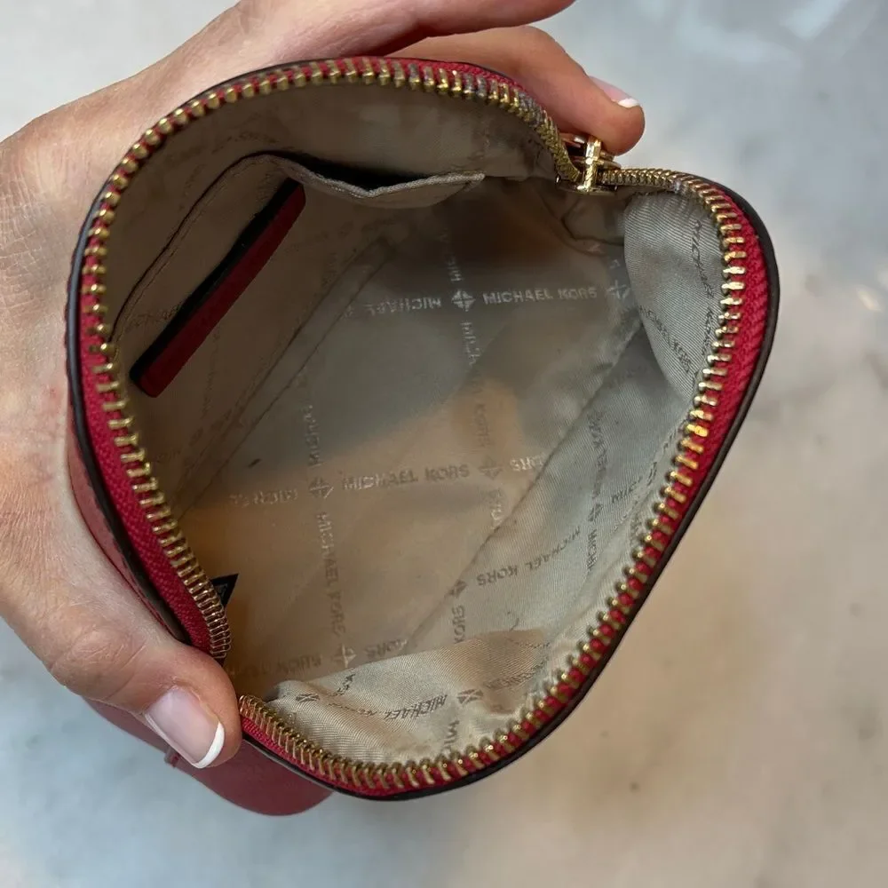 Michael Kors Travel Bag Cherry Red Leather Dome Cosmetic Case Pouch Clutch